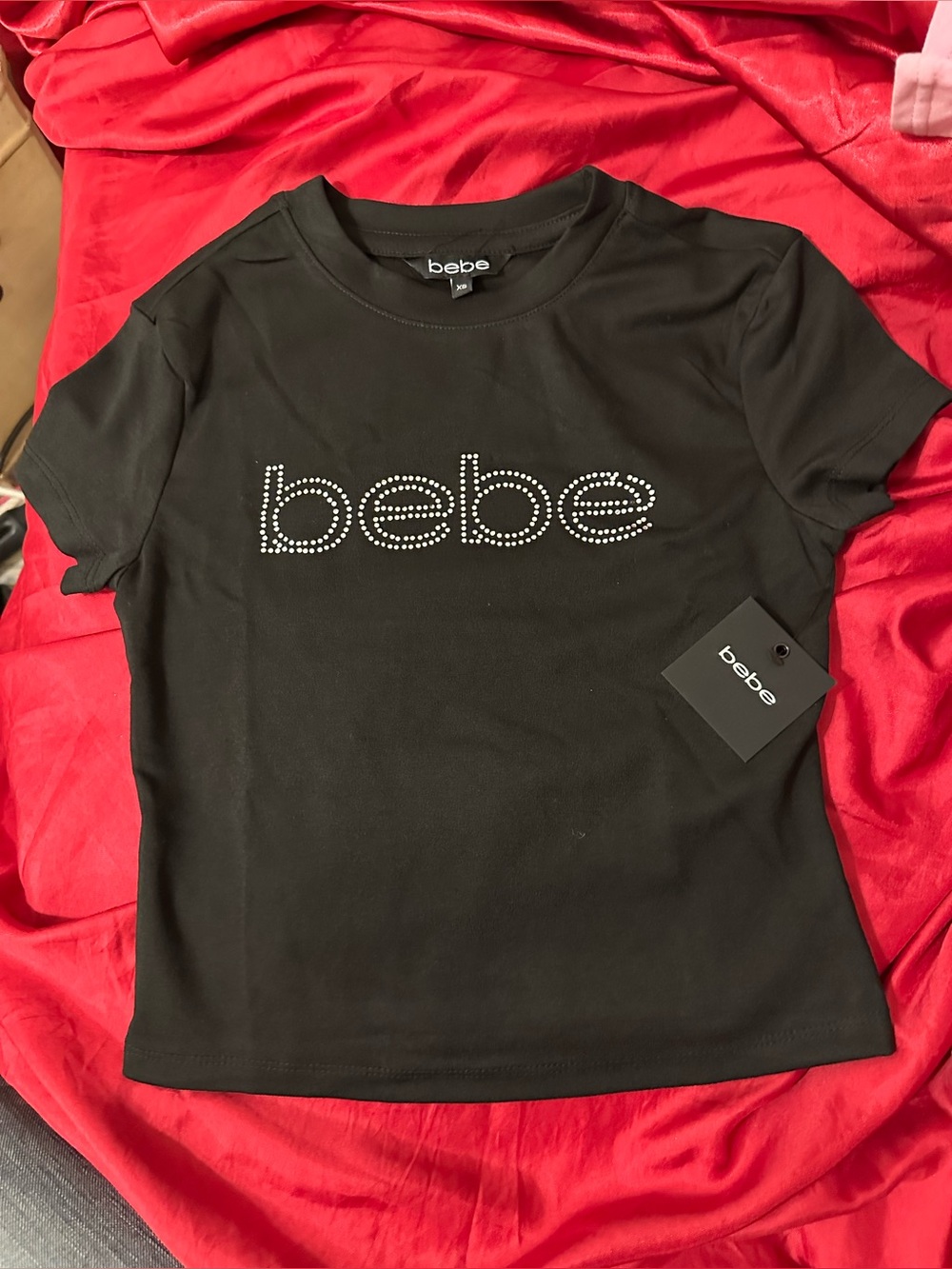 bebe Black Tee with Rhinestone Logo XS